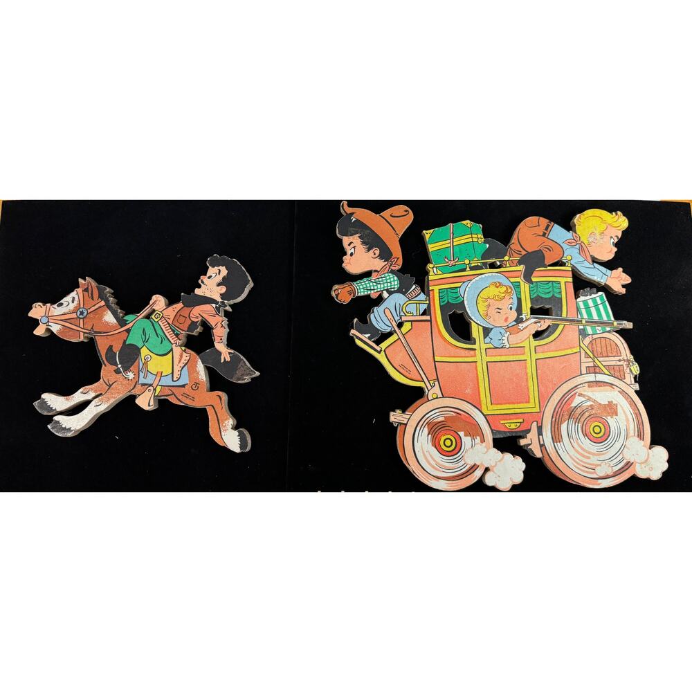 Vintage 1958 The Dolly Toy Co. Cowboy Stagecoach Nursery wall plaque 2 piece